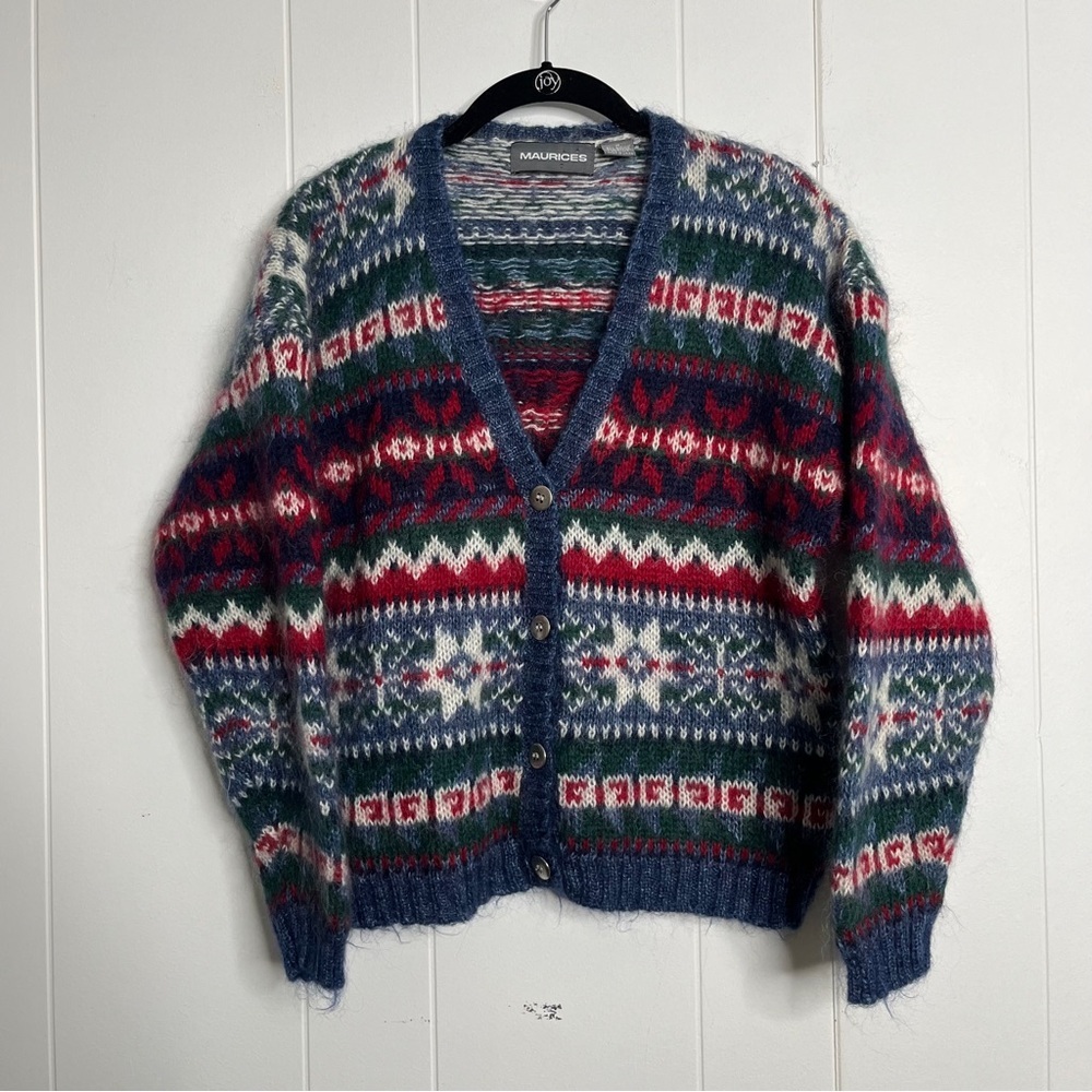 VTG Maurices Mohair Blend Colorful Knit Cardigan Sweater Size M Snowflake Nordic